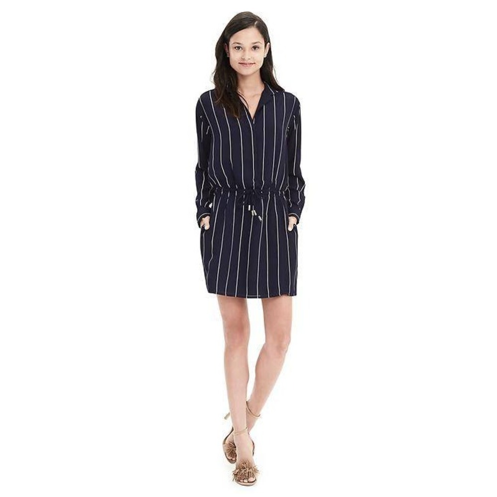 Banana Republic Pinstripe Shirtdress Long Sleeve Navy White Size 00 Petite